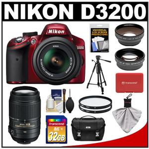 Nikon D3200 Digital SLR Camera & 18-55mm G VR DX AF-S Zoom Lens (Red) + 55-300mm VR Lens + 32GB Card + Case + Filters + Tripod + Telephoto & Wide-Angle Lens Kit - Digital Cameras and Accessories - Hip Lens.com