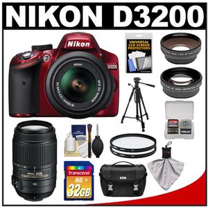 Nikon D3200 Digital SLR Camera & 18-55mm G VR DX AF-S Zoom Lens (Red) + 55-300mm VR Lens + 32GB Card + Case + Filters + Tripod + Telephoto & Wide-Angle Lens Kit