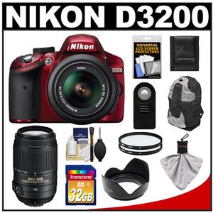 Nikon D3200 Digital SLR Camera & 18-55mm G VR DX AF-S Zoom Lens (Red) with 55-300mm VR Lens + 32GB Card + Backpack + Filters + Remote + Accessory Kit - Digital Cameras and Accessories - Hip Lens.com