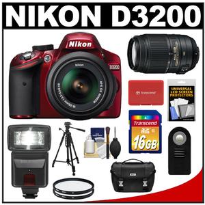 Nikon D3200 Digital SLR Camera & 18-55mm G VR DX AF-S Zoom Lens (Red) + 55-300mm VR Lens + 16GB Card + Flash + Case + Filters + Remote + Tripod + Accessory Kit - Digital Cameras and Accessories - Hip Lens.com