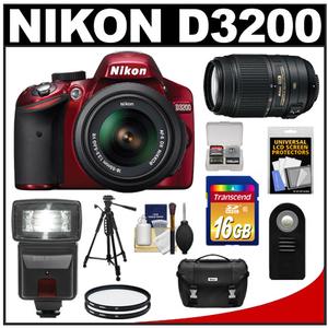 Nikon D3200 Digital SLR Camera & 18-55mm G VR DX AF-S Zoom Lens (Red) + 55-300mm VR Lens + 16GB Card + Flash + Case + Filters + Remote + Tripod + Accessory Kit