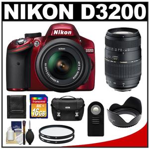 Nikon D3200 Digital SLR Camera & 18-55mm G VR DX AF-S Zoom Lens (Red) with 70-300mm Lens + 16GB Card + Case + Filters + Remote + Accessory Kit - Digital Cameras and Accessories - Hip Lens.com