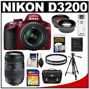 Nikon D3200 Digital SLR Camera & 18-55mm G VR DX AF-S Zoom Lens (Red) with 70-300mm Lens + 16GB Card + Case + Filters + Tripod + Telephoto & Wide-Angle Lens Kit - Digital Cameras and Accessories - Hip Lens.com