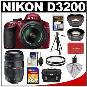 Nikon D3200 Digital SLR Camera & 18-55mm G VR DX AF-S Zoom Lens (Red) with 70-300mm Lens + 32GB Card + Case + Filters + Tripod + Telephoto & Wide-Angle Lens Kit - Digital Cameras and Accessories - Hip Lens.com