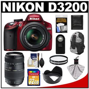 Nikon D3200 Digital SLR Camera & 18-55mm G VR DX AF-S Zoom Lens (Red) with 70-300mm Lens + 32GB Card + Backpack + Filters + Remote + Accessory Kit - Digital Cameras and Accessories - Hip Lens.com