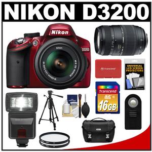 Nikon D3200 Digital SLR Camera & 18-55mm G VR DX AF-S Zoom Lens (Red) with 70-300mm Lens + 16GB Card + Flash + Case + Filters + Remote + Tripod + Accessory Kit - Digital Cameras and Accessories - Hip Lens.com