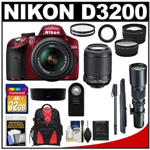 Nikon D3200 Digital SLR Camera & 18-55mm G VR DX AF-S Zoom Lens (Red) with 55-200mm VR & 500mm Tele Lens + 32GB Card + Monopod + Backpack + 2 Lens Kit - Digital Cameras and Accessories - Hip Lens.com