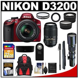 Nikon D3200 Digital SLR Camera & 18-55mm G VR DX AF-S Zoom Lens (Red) with 55-300mm VR & 500mm Tele Lens + 32GB Card + Monopod + Backpack + 2 Lens Kit - Digital Cameras and Accessories - Hip Lens.com