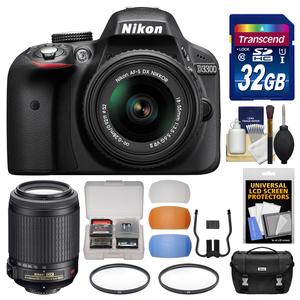 Nikon D3300 Digital SLR Camera & 18-55mm G VR DX II AF-S Zoom Lens (Black) with 55-200mm VR II Lens + 32GB Card + Case + Filters + Kit