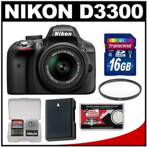 Nikon D3300 Digital SLR Camera & 18-55mm VR DX II AF-S Lens (Black) - Factory Refurbished with 16GB Card + Battery + Filter + Accessory Kit