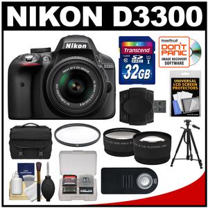 Nikon D3300 Digital SLR Camera & 18-55mm VR DX II AF-S Lens (Black) - Factory Refurbished with 32GB Card + Case + Tripod + Filter + Remote + Tele/Wide Lens Kit