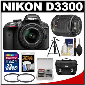 Nikon D3300 Digital SLR Camera & 18-55mm VR DX II AF-S Lens (Black) - Factory Refurbished with 55-200mm DX Zoom Lens + 32GB Card + Case + Tripod + 2 Filters + Kit