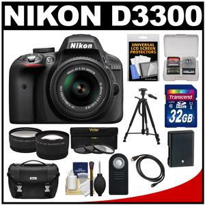 Nikon D3300 Digital SLR Camera & 18-55mm G VR DX II AF-S Zoom Lens (Black) with 32GB Card + Battery + Case + Tripod + Tele\/Wide Lens Kit