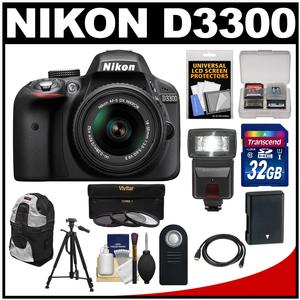Nikon D3300 Digital SLR Camera & 18-55mm G VR DX II AF-S Zoom Lens (Black) with 32GB Card + Battery + Backpack + 3 Filters + Flash + Tripod + Kit Nikon D3300 Digital SLR Camera & 18-55mm G VR DX II AF-S Zoom Lens (Black) with 32GB Card + Battery + Backpack + 3 Filters + Flash + Tripod + Kit