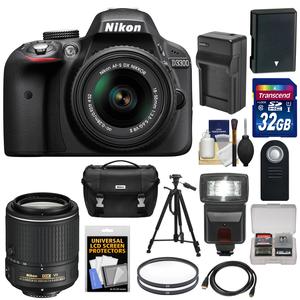 Nikon D3300 Digital SLR Camera & 18-55mm G VR DX II AF-S Zoom Lens (Black) with 55-200mm VR II Lens + 32GB Card + Battery & Charger + Case + Flash + Tripod Kit