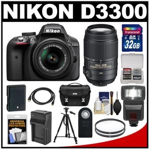 Nikon D3300 Digital SLR Camera & 18-55mm G VR DX II AF-S Zoom Lens (Black) with 55-300mm VR Lens + 32GB Card + Battery & Charger + Case + Flash + Tripod Kit Nikon D3300 Digital SLR Camera & 18-55mm G VR DX II AF-S Zoom Lens (Black) with 55-300mm VR Lens + 32GB Card + Battery & Charger + Case + Flash + Tripod Kit
