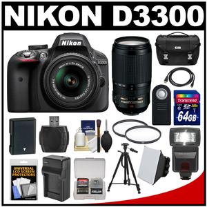 Nikon D3300 Digital SLR Camera & 18-55mm G VR DX II AF-S Zoom Lens (Black) with 70-300mm VR Lens + 64GB Card + Case + Flash + Battery & Charger + Tripod Kit