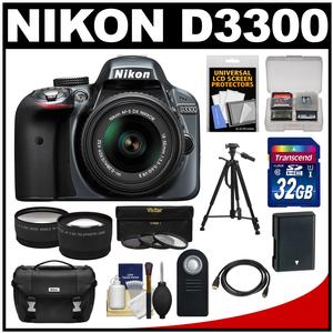 Nikon D3300 Digital SLR Camera & 18-55mm G VR DX II AF-S Zoom Lens (Grey) with 32GB Card + Battery + Case + Tripod + Tele\/Wide Lens Kit Nikon D3300 Digital SLR Camera & 18-55mm G VR DX II AF-S Zoom Lens (Grey) with 32GB Card + Battery + Case + Tripod + Tele\/Wide Lens Kit