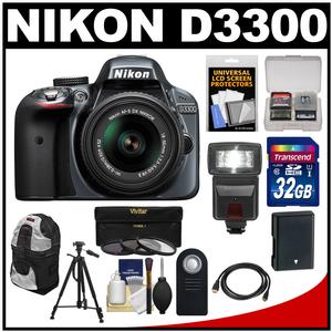 Nikon D3300 Digital SLR Camera & 18-55mm G VR DX II AF-S Zoom Lens (Grey) with 32GB Card + Battery + Backpack + 3 Filters + Flash + Tripod + Kit Nikon D3300 Digital SLR Camera & 18-55mm G VR DX II AF-S Zoom Lens (Grey) with 32GB Card + Battery + Backpack + 3 Filters + Flash + Tripod + Kit