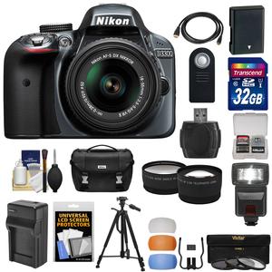 Nikon D3300 Digital SLR Camera & 18-55mm G VR DX II AF-S Zoom Lens (Grey) with 32GB Card + Battery & Charger + Case + Tripod + Flash + Tele\/Wide Lens Kit