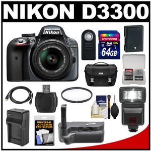 Nikon D3300 Digital SLR Camera & 18-55mm G VR DX II AF-S Zoom Lens (Grey) with 64GB Card + Battery + Charger + Case + Grip + Flash + Tripod + Accessory Kit Nikon D3300 Digital SLR Camera & 18-55mm G VR DX II AF-S Zoom Lens (Grey) with 64GB Card + Battery + Charger + Case + Grip + Flash + Tripod + Accessory Kit