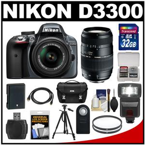 Nikon D3300 Digital SLR Camera & 18-55mm G VR DX II AF-S Zoom Lens (Grey) with 70-300mm Lens + 32GB Card + Battery + Case + Filters + Flash + Tripod + Accessory Kit
