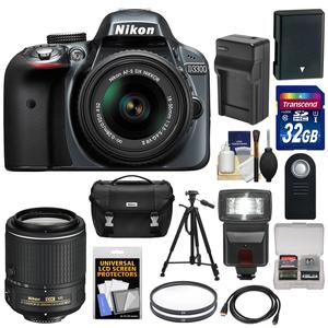 Nikon D3300 Digital SLR Camera & 18-55mm G VR DX II AF-S Zoom Lens (Grey) with 55-200mm VR II Lens + 32GB Card + Battery & Charger + Case + Flash + Tripod Kit