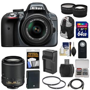Nikon D3300 Digital SLR Camera & 18-55mm G VR DX II AF-S Zoom Lens (Grey) with 55-200mm VR II Lens + 64GB Card + Backpack + Battery & Charger + Tele\/Wide Lens Kit