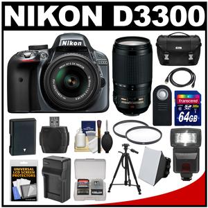 Nikon D3300 Digital SLR Camera & 18-55mm G VR DX II AF-S Zoom Lens (Grey) with 70-300mm VR Lens + 64GB Card + Case + Flash + Battery & Charger + Tripod Kit