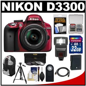 Nikon D3300 Digital SLR Camera & 18-55mm G VR DX II AF-S Zoom Lens (Red) with 32GB Card + Battery + Backpack + 3 Filters + Flash + Tripod + Kit Nikon D3300 Digital SLR Camera & 18-55mm G VR DX II AF-S Zoom Lens (Red) with 32GB Card + Battery + Backpack + 3 Filters + Flash + Tripod + Kit