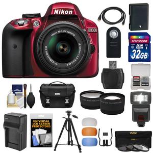 Nikon D3300 Digital SLR Camera & 18-55mm G VR DX II AF-S Zoom Lens (Red) with 32GB Card + Battery & Charger + Case + Tripod + Flash + Tele\/Wide Lens Kit
