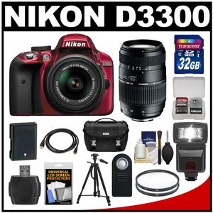 Nikon D3300 Digital SLR Camera & 18-55mm G VR DX II AF-S Zoom Lens (Red) with 70-300mm Lens + 32GB Card + Battery + Case + Filters + Flash + Tripod + Accessory Kit