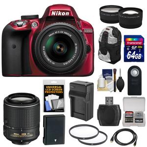 Nikon D3300 Digital SLR Camera & 18-55mm G VR DX II AF-S Zoom Lens (Red) with 55-200mm VR II Lens + 64GB Card + Backpack + Battery & Charger + Tele\/Wide Lens Kit
