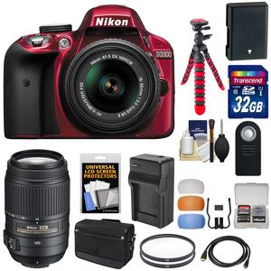 Nikon D3300 Digital SLR Camera & 18-55mm G VR DX II AF-S Zoom Lens (Red) with 55-300mm VR Lens + 32GB Card + Shoulder Bag + Battery & Charger + Tripod + Kit