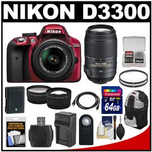 Nikon D3300 Digital SLR Camera & 18-55mm G VR DX II AF-S Zoom Lens (Red) with 55-300mm VR Lens + 64GB Card + Backpack + Battery & Charger + Tele\/Wide Lens Kit