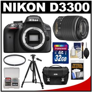 Nikon D3300 Digital SLR Camera Body (Black) - Factory Refurbished with 55-200mm DX Zoom Lens + 32GB Card + Case + Tripod + Filter + Kit