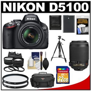 Nikon D5100 Digital SLR Camera & 18-55mm G VR DX AF-S Zoom Lens - Factory Refurbished with 55-200mm VR Lens + 32GB Card + Case + Battery + Filters + Tripod + Tele/Wide Lens Kit