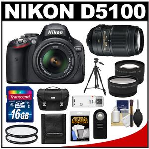 Nikon D5100 Digital SLR Camera & 18-55mm G VR DX AF-S Zoom Lens with 55-300mm VR Lens + 16GB Card + .45x Wide & 2x Telephoto Lenses + Remote + Tripod Kit - Digital Cameras and Accessories - Hip Lens.com