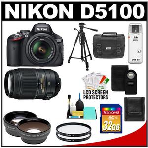 Nikon D5100 Digital SLR Camera & 18-55mm G VR DX AF-S Zoom Lens with 55-300mm VR Lens + 32GB Card + .45x Wide & 2x Telephoto Lenses + Remote + Tripod Kit - Digital Cameras and Accessories - Hip Lens.com