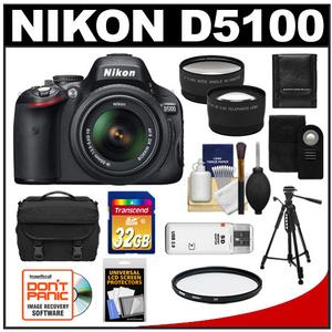 Nikon D5100 Digital SLR Camera & 18-55mm G VR DX AF-S Zoom Lens - Refurbished with 32GB Card + Tripod + Remote + Case + Filter + Telephoto & Wide-Angle Lens Kit - Digital Cameras and Accessories - Hip Lens.com