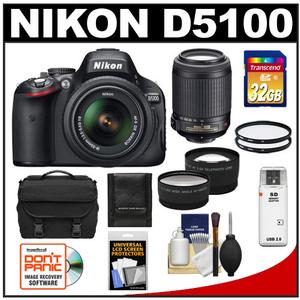 Nikon D5100 Digital SLR Camera & 18-55mm G VR DX AF-S Zoom Lens - Refurbished with Nikon 55-200mm VR Lens + 32GB Card + Case + Filters + Telephoto & Wide-Angle  - Digital Cameras and Accessories - Hip Lens.com