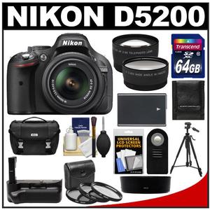 Nikon D5200 Digital SLR Camera & 18-55mm G VR DX AF-S Zoom Lens (Black) with 64GB Card + Case + Battery & Grip + Tripod + Tele/Wide Lenses + Remote + Filters Kit