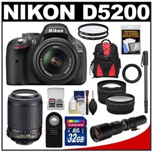 Nikon D5200 Digital SLR Camera & 18-55mm G VR DX AF-S Zoom Lens (Black) with 55-200mm VR & 500mm Tele Lens + 32GB Card + Backpack + 2 Lenses + Monopod Kit