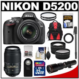 Nikon D5200 Digital SLR Camera & 18-55mm G VR DX AF-S Zoom Lens (Black) with 55-300mm VR & 500mm Telephoto Lens + 32GB Card + Backpack + 2 Lenses + Monopod Kit