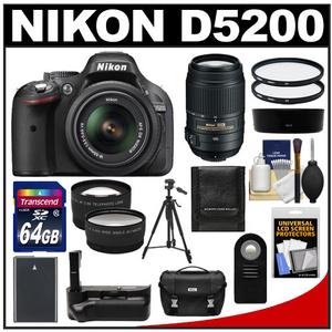 Nikon D5200 Digital SLR Camera & 18-55mm G VR DX AF-S Zoom Lens (Black) with 55-300mm VR Lens + 64GB Card + Case + Grip & Battery + Tripod + Tele/Wide Lenses Kit