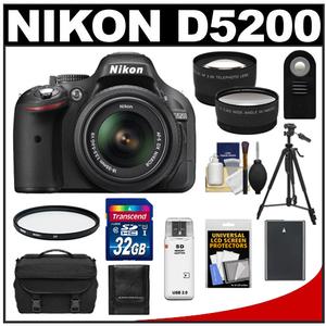 Nikon D5200 Digital SLR Camera & 18-55mm G VR DX AF-S Lens (Black) - Factory Refurbished with 32GB Card + Battery + Case + Tripod + Telephoto & Wide-Angle Lenses + Accessory Kit