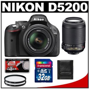 Nikon D5200 Digital SLR Camera & 18-55mm G VR DX AF-S Lens (Black) - Factory Refurbished with 55-200mm VR Lens + 32GB Card + Filter + Accessory Kit