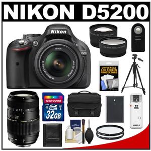 Nikon D5200 Digital SLR Camera & 18-55mm G VR DX AF-S Lens (Black) - Factory Refurbished with Tamron 70-300mm Lens + 32GB Card + Battery + Case + Tripod + Telephoto/ Wide Lens Kit