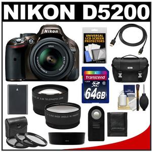 Nikon D5200 Digital SLR Camera & 18-55mm G VR DX AF-S Zoom Lens (Bronze) with 64GB Card + Battery + Case + 3 Filters + Tele/Wide Lenses + Remote + Accessory Kit