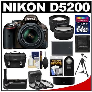 Nikon D5200 Digital SLR Camera & 18-55mm G VR DX AF-S Zoom Lens (Bronze) with 64GB Card + Case + Battery & Grip + Tripod + Tele/Wide Lenses + Remote + Filters Kit